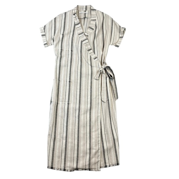 Hansen & Gretel | Linen Blend Striped Short Sleeve Midi Length Wrap Dress - Picture 1 of 12